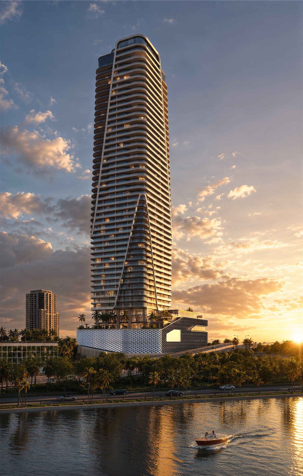 Tower exterior at dusk